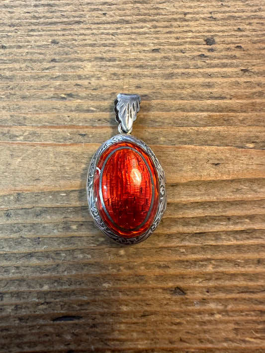 Vintage Red Enamel Oval Engraved 925 Sterling Silver Locket Pendant