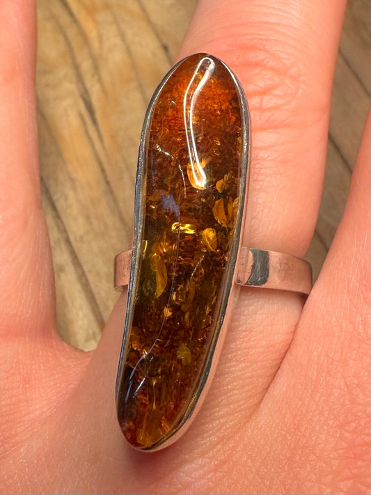 Vintage Elongated Amber 925 Sterling Silver Size P Adjustable Ring