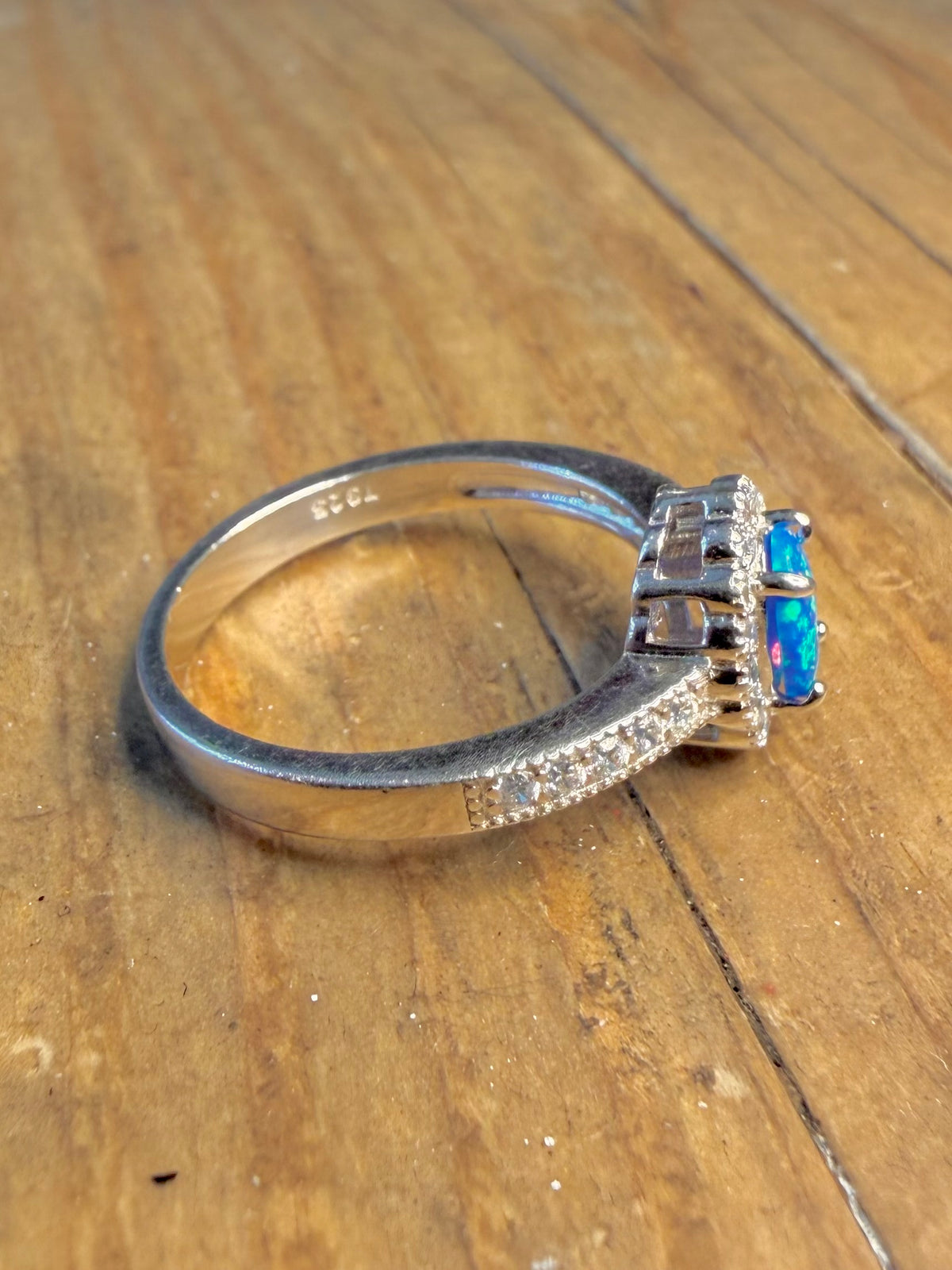 Blue Opal and White CZ 925 Sterling Silver Size Q Ring