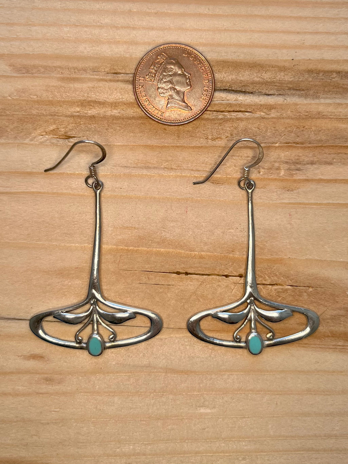 Art Nouveau Style Botanical Turquoise 925 Sterling Silver Drop Earrings