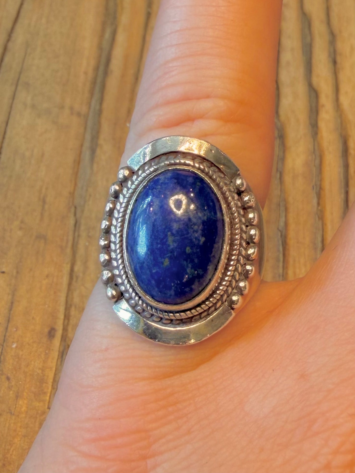 Lapis Lazuli Beaded Trim 925 Sterling Silver Size O Ring