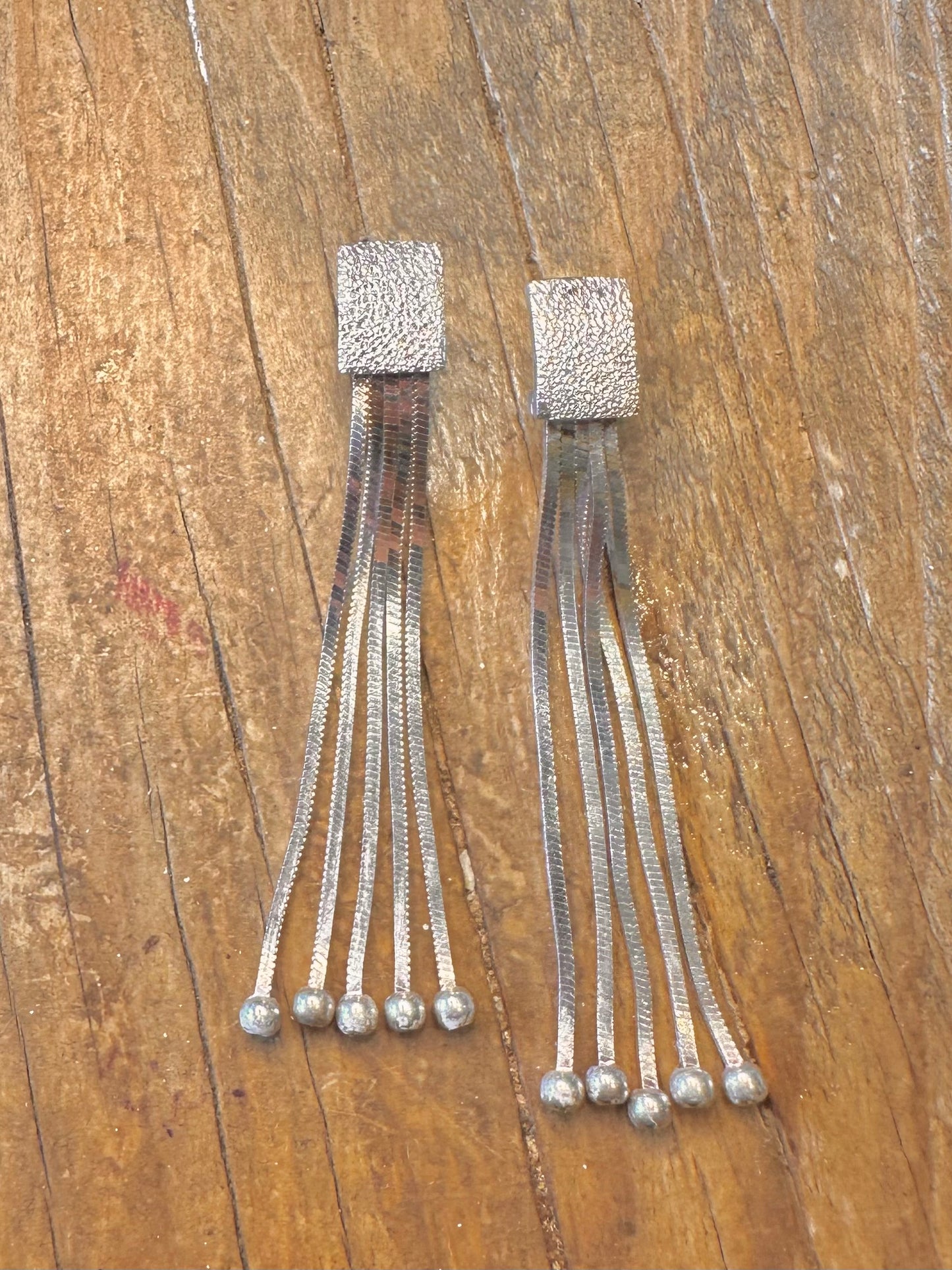 Modernist Textured Rectangle and Tassel Milor Italy 925 Sterling Silver Earrings
