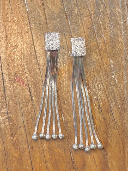 Modernist Textured Rectangle and Tassel Milor Italy 925 Sterling Silver Earrings