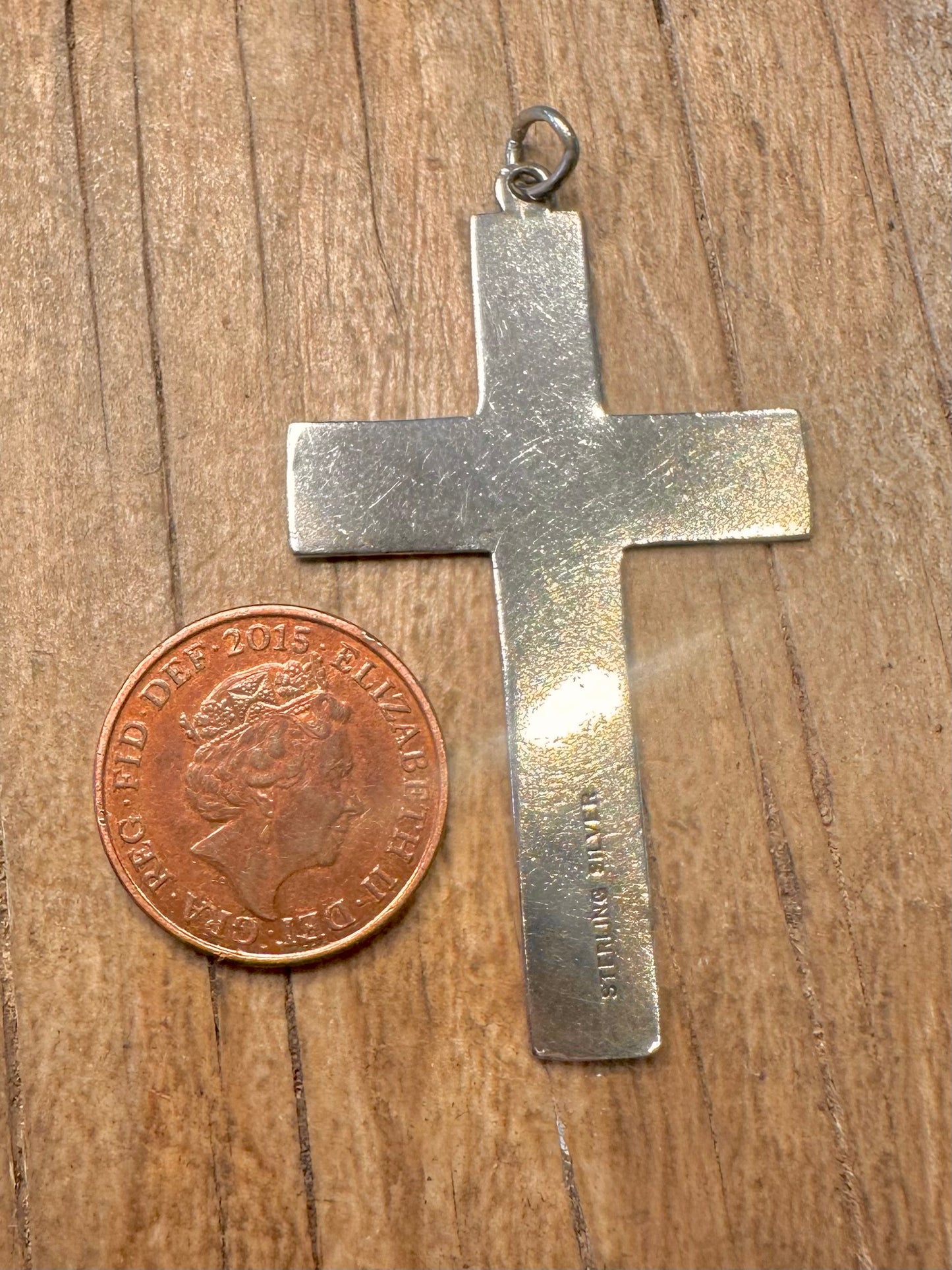 Vintage Floral Etched Shield Cross 925 Sterling Silver Pendant