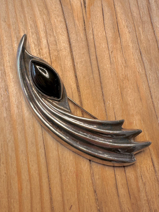 Vintage Art Deco Onyx 925 Sterling Silver Brooch