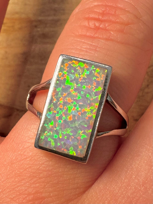 Modernist Opal Rectangle 925 Silver Size Q Ring