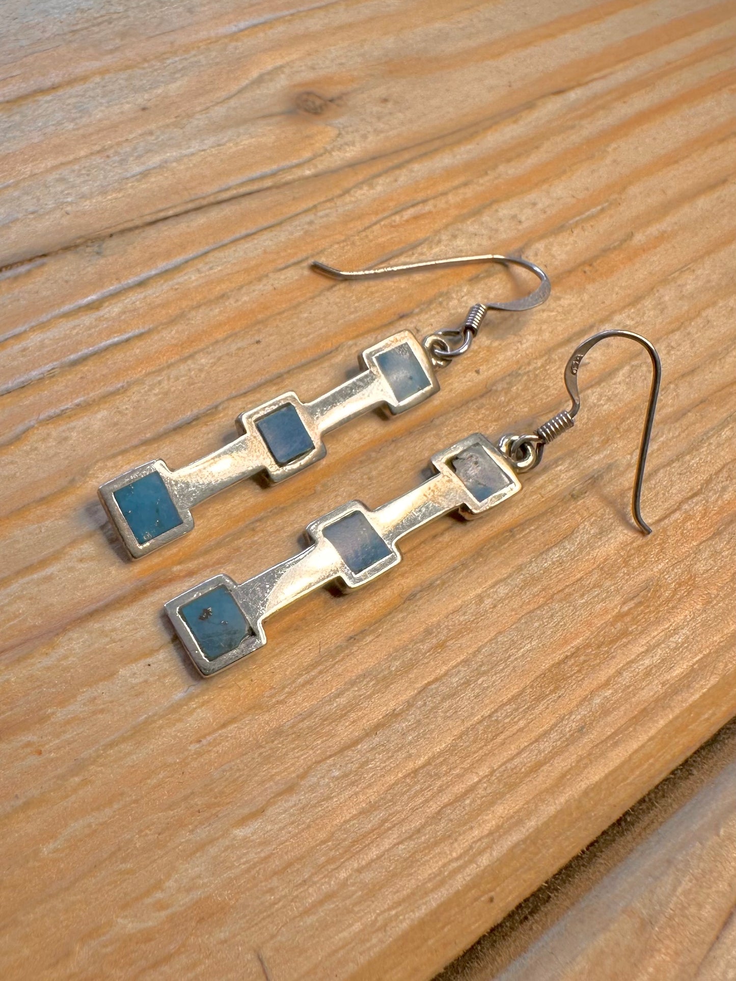Vintage Abstract Turquoise Inlay Rectangle 925 Silver Earrings