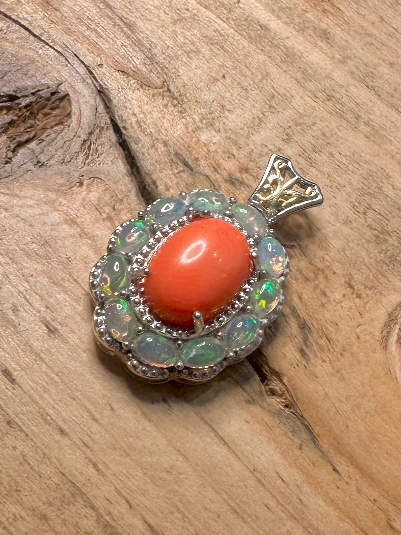 Orange Coral and Opal Gold on 925 Silver Pendant