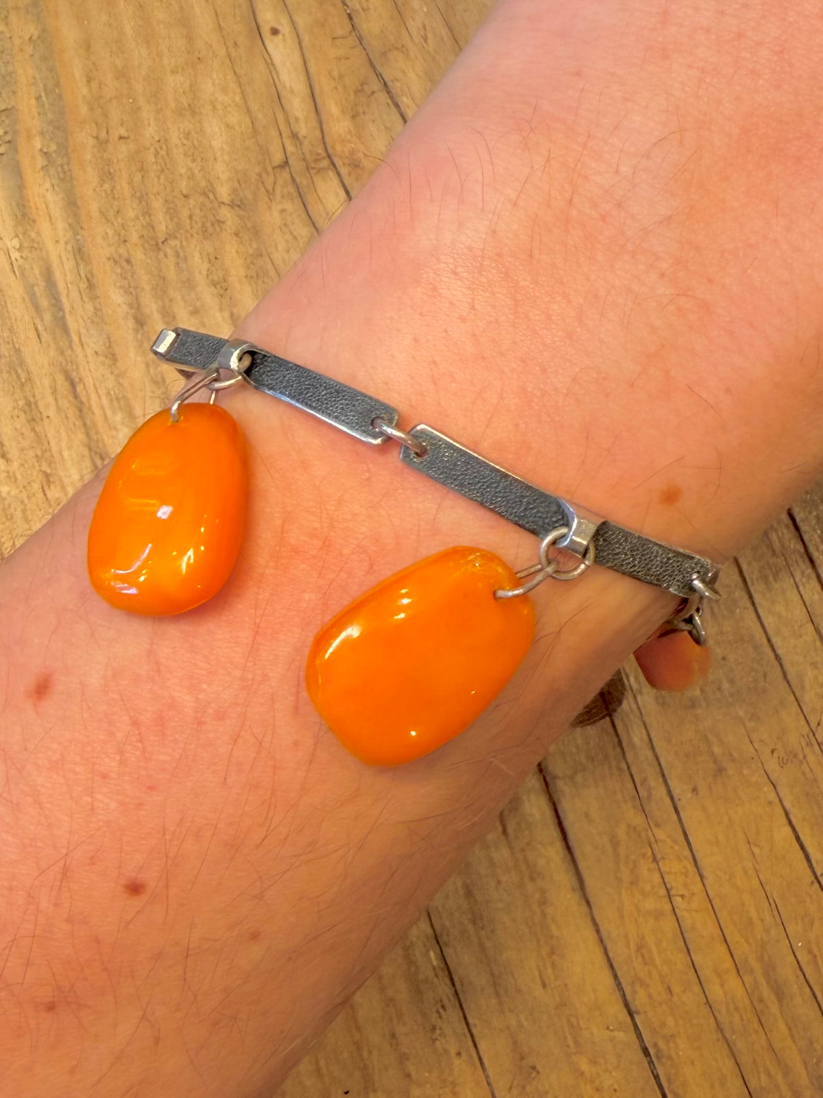 Soviet Era Butterscotch Amber Textured Bar Link 875 Silver 7.25 inch Bracelet