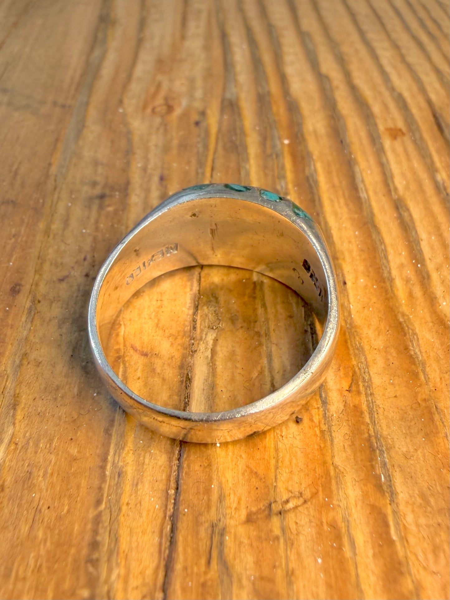Chunky Turquoise Inlay Mexico 925 Sterling Silver Size W Ring