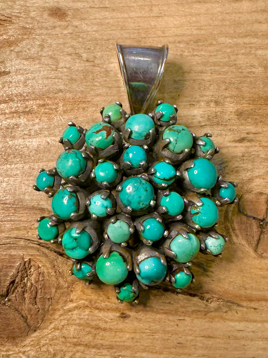 Vintage Native American Turquoise Cluster 925 Silver Pendant