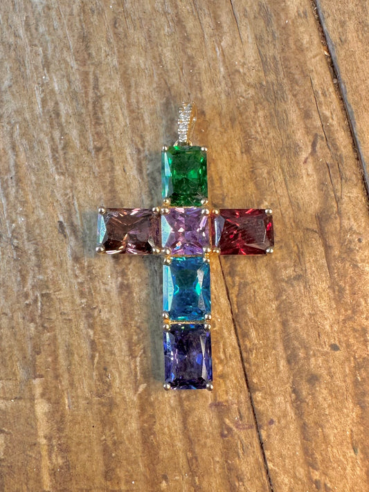 Multi Coloured CZ Cross 925 Sterling Silver Pendant