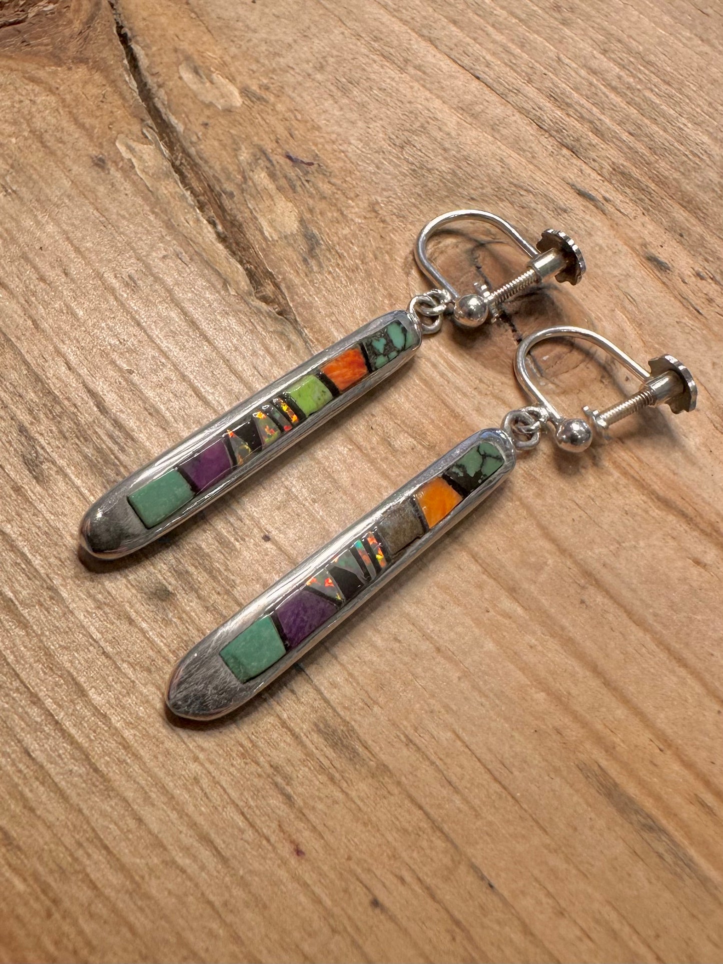 Vintage Native American Mosaic Screw on 925 Silver Earrings