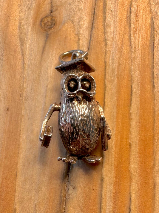 Vintage Moving Owl Professor 925 Sterling Silver Charm Pendant