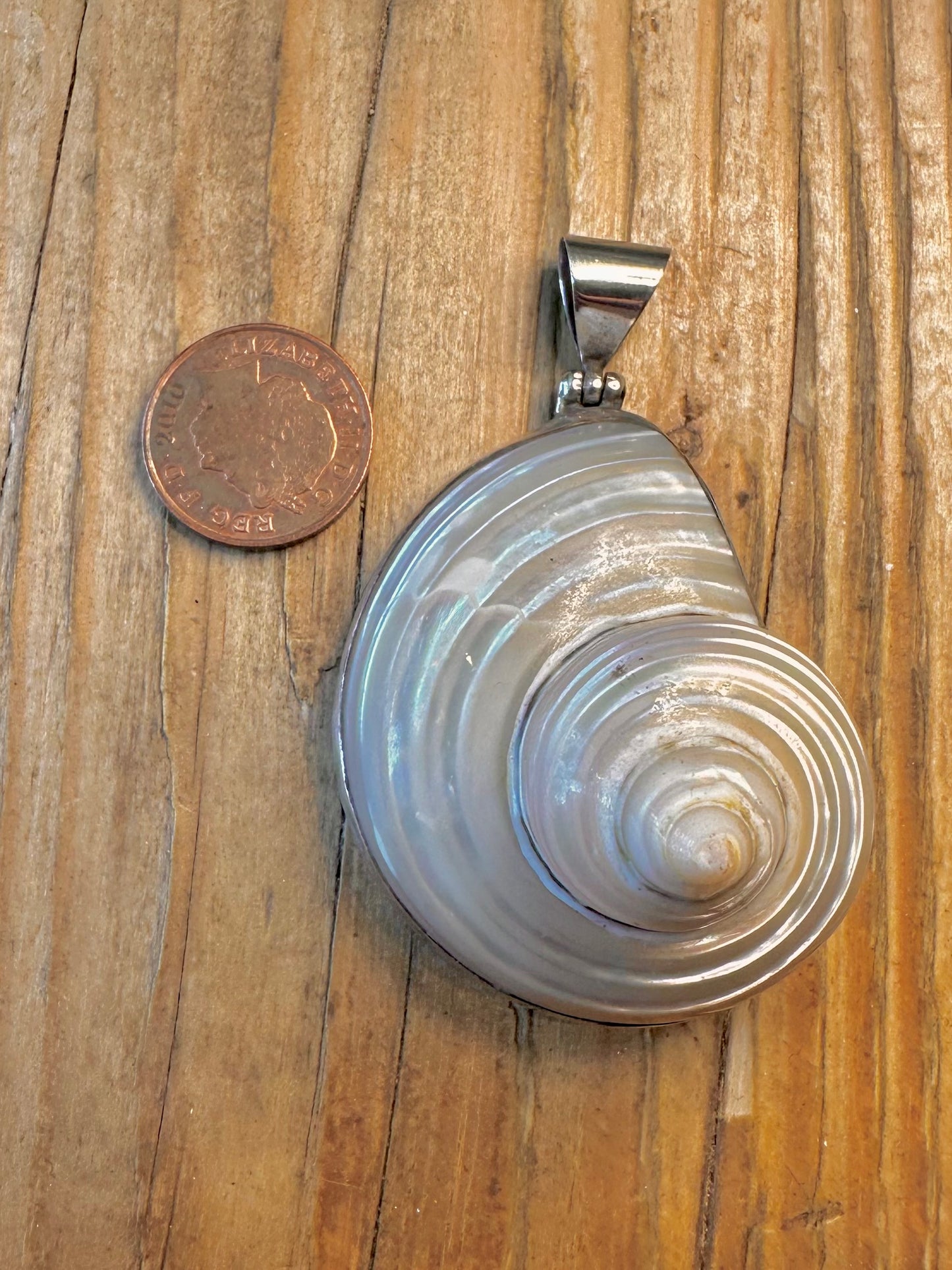 Large Natural Mother of Pearl Spiral Shell 925 Sterling Silver Pendant