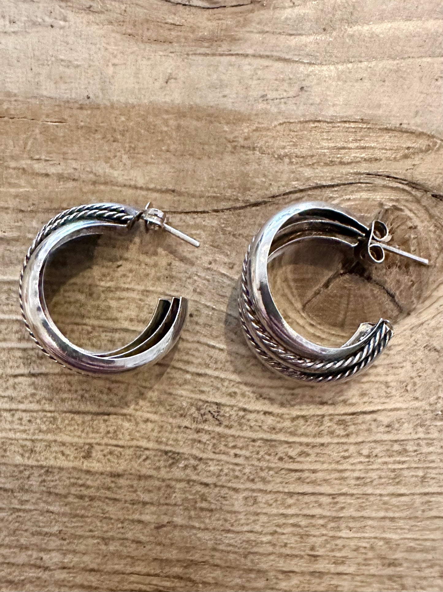 Vintage Chunky Textured 925 Silver Hoop Earrings