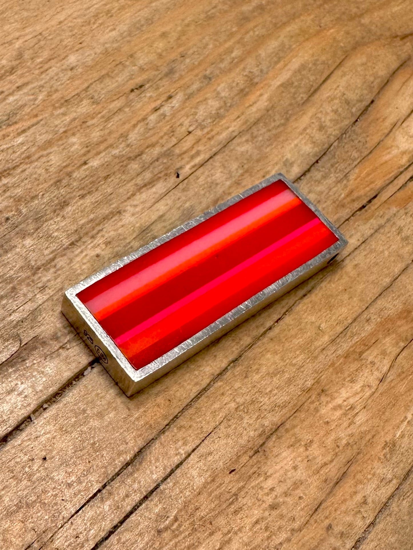 Modernist Red Striped Glass 925 Sterling Silver Pendant