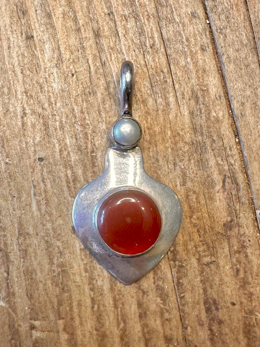 Carnelian and Pearl 925 Sterling Silver Pendant