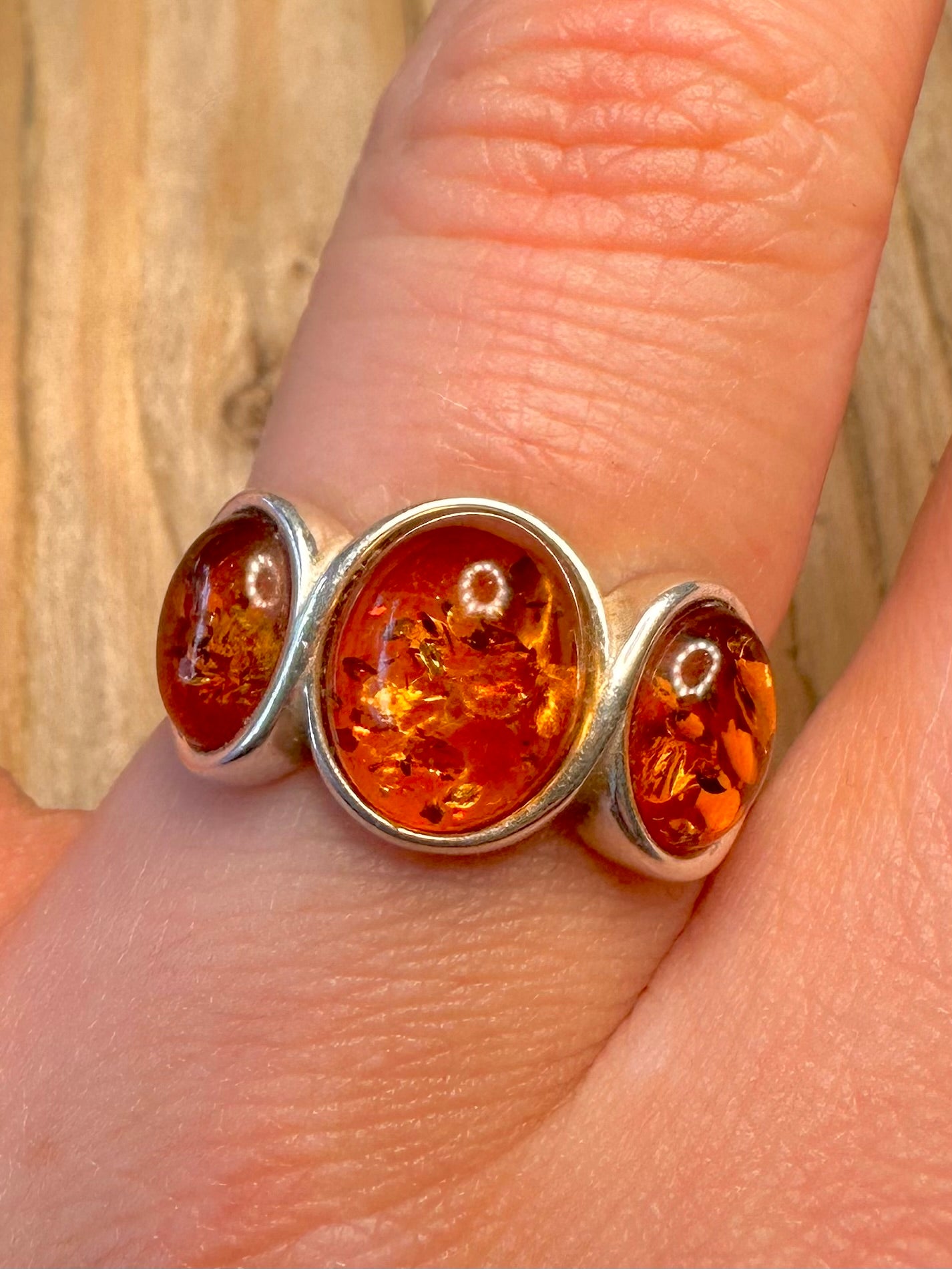 Vintage Amber Trio 925 Sterling Silver Size Q 1/2 Ring
