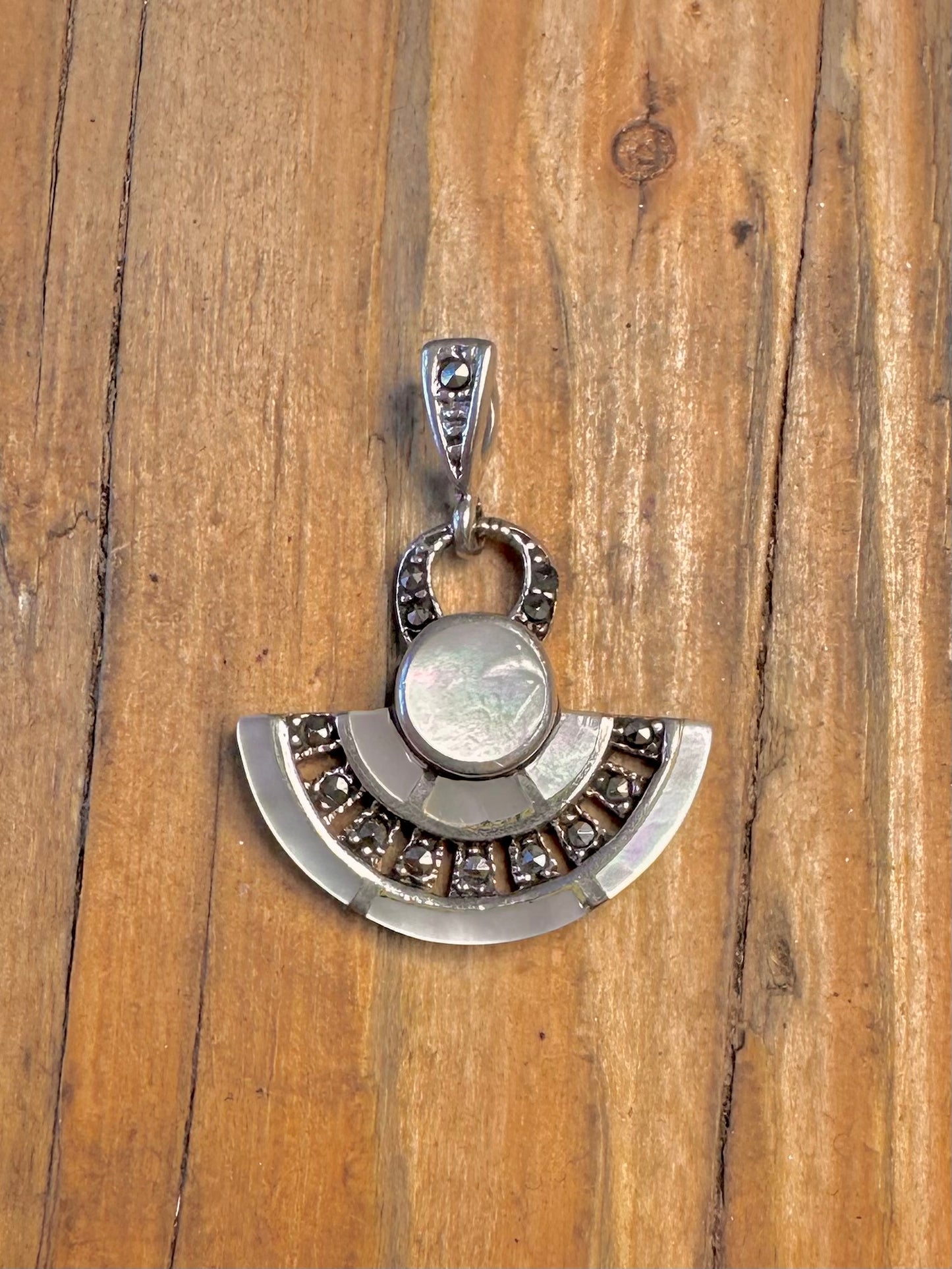 Art Deco Marcasite and Mother of Pearl 925 Sterling Silver Pendant