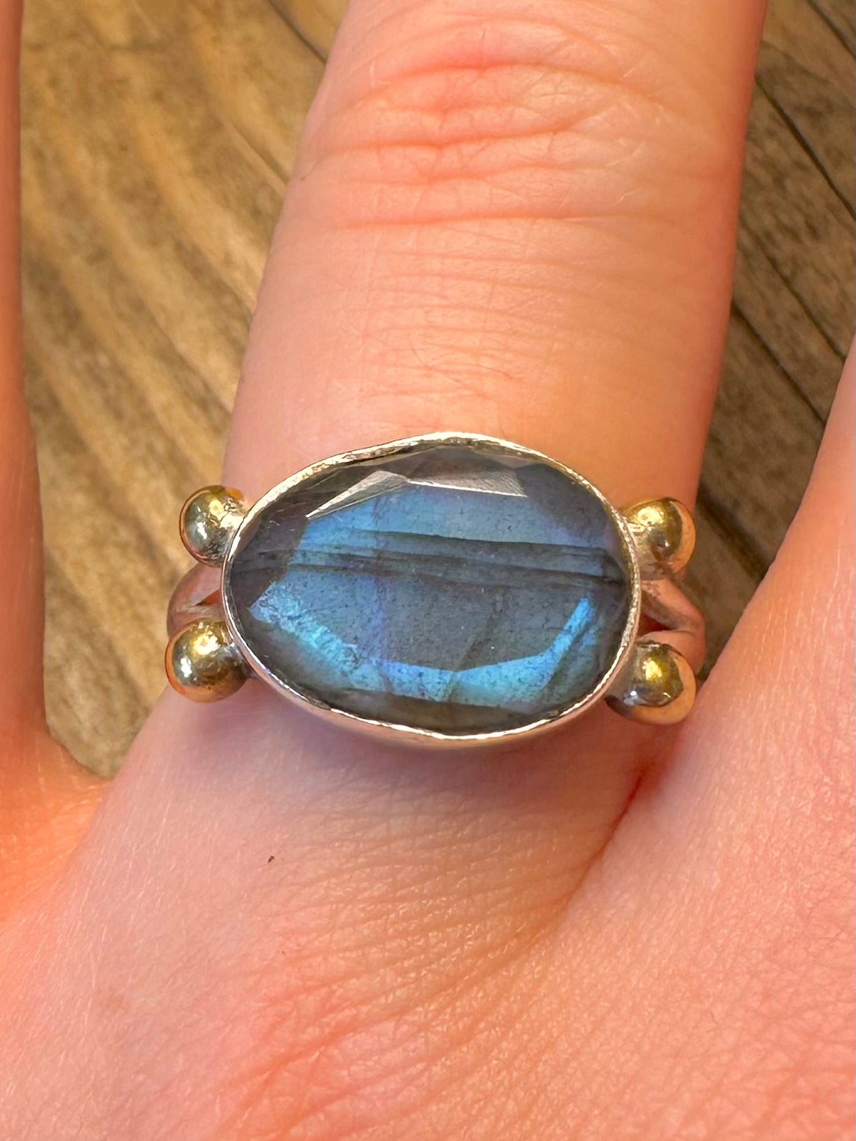 Labradorit Gold Kugeln 925 Sterling Silber Ring Größe U