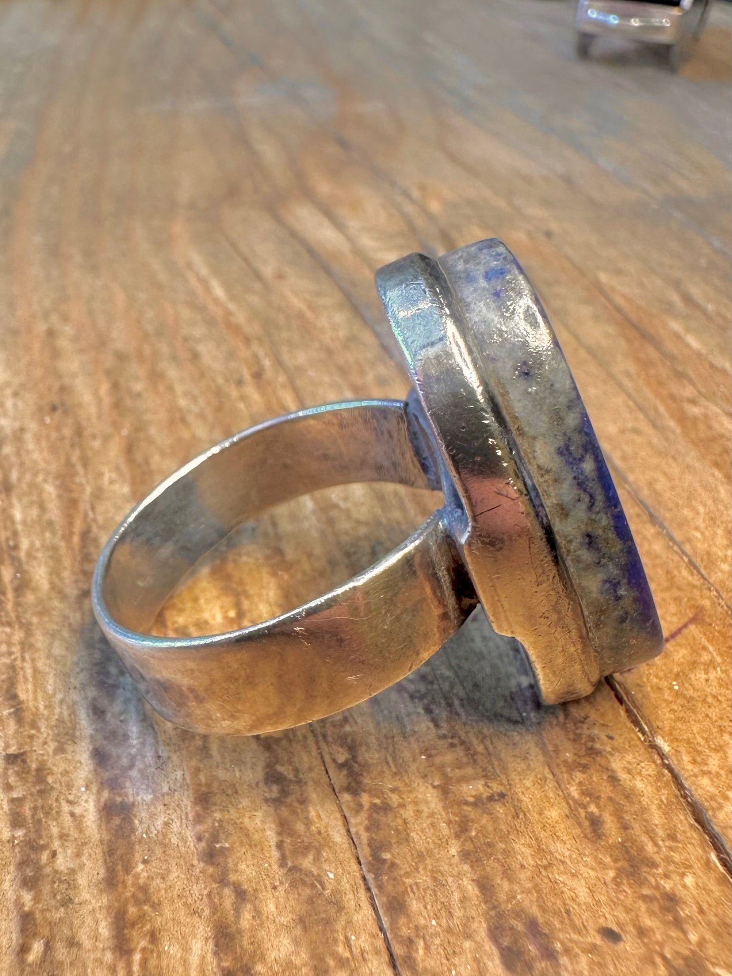 Large Lapis Oval Chunky Band 925 Sterling Silver Size Z+2 Ring
