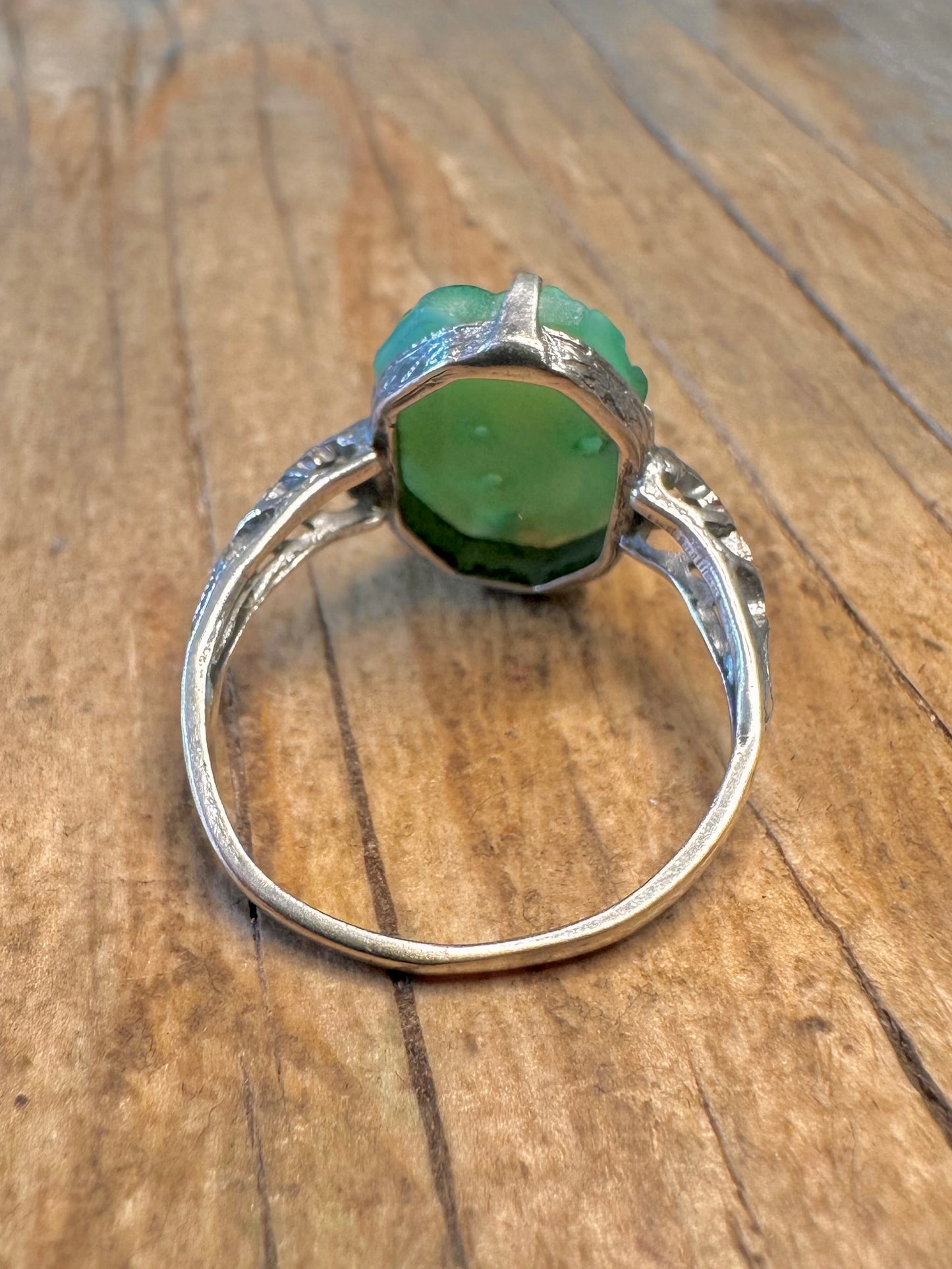 Carved Jadeite Thomas L Mott Art Deco 925 Sterling Silver England Size O Ring
