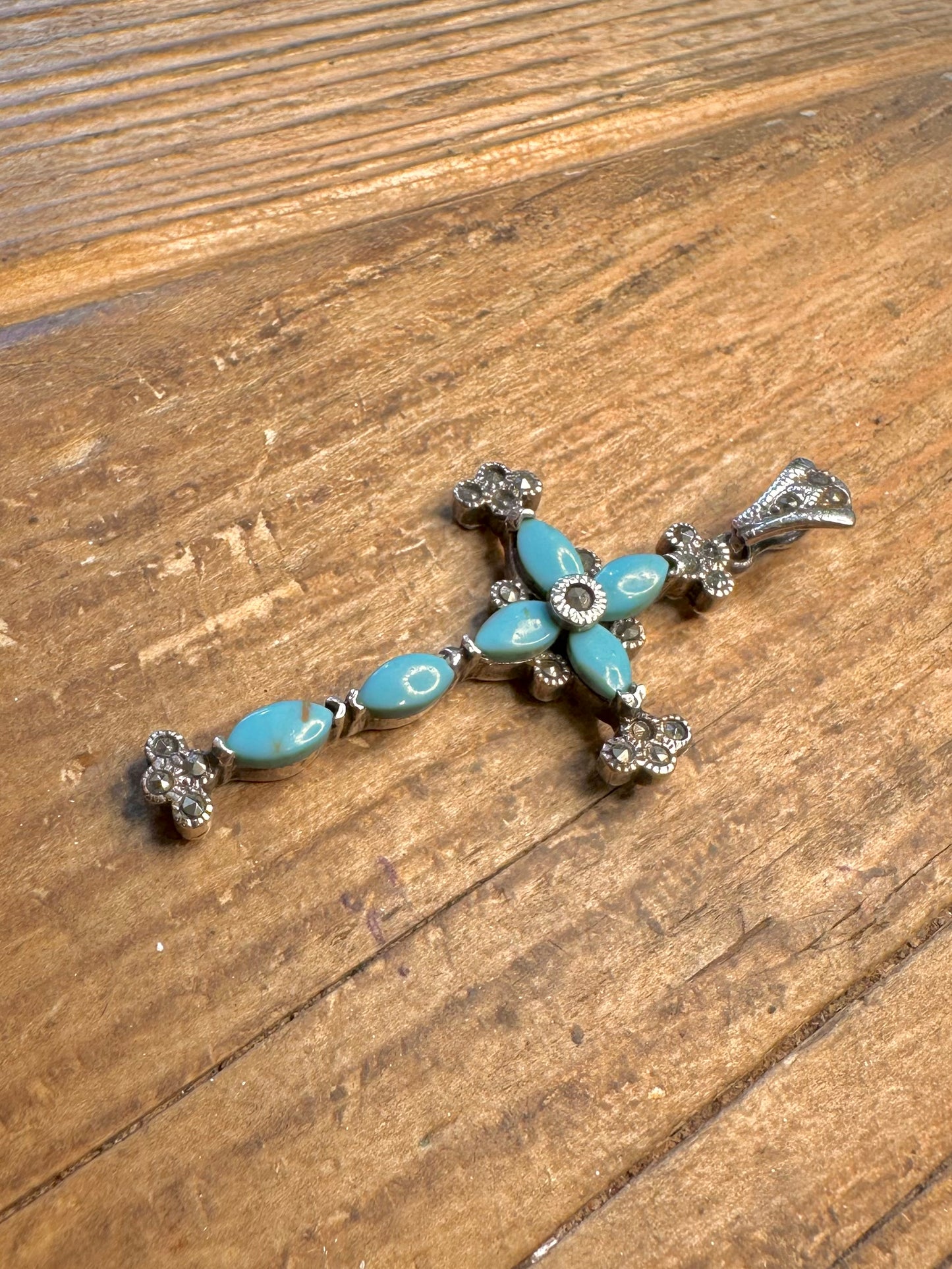Turquoise Marcasite Cross 925 Sterling Silver Pendant