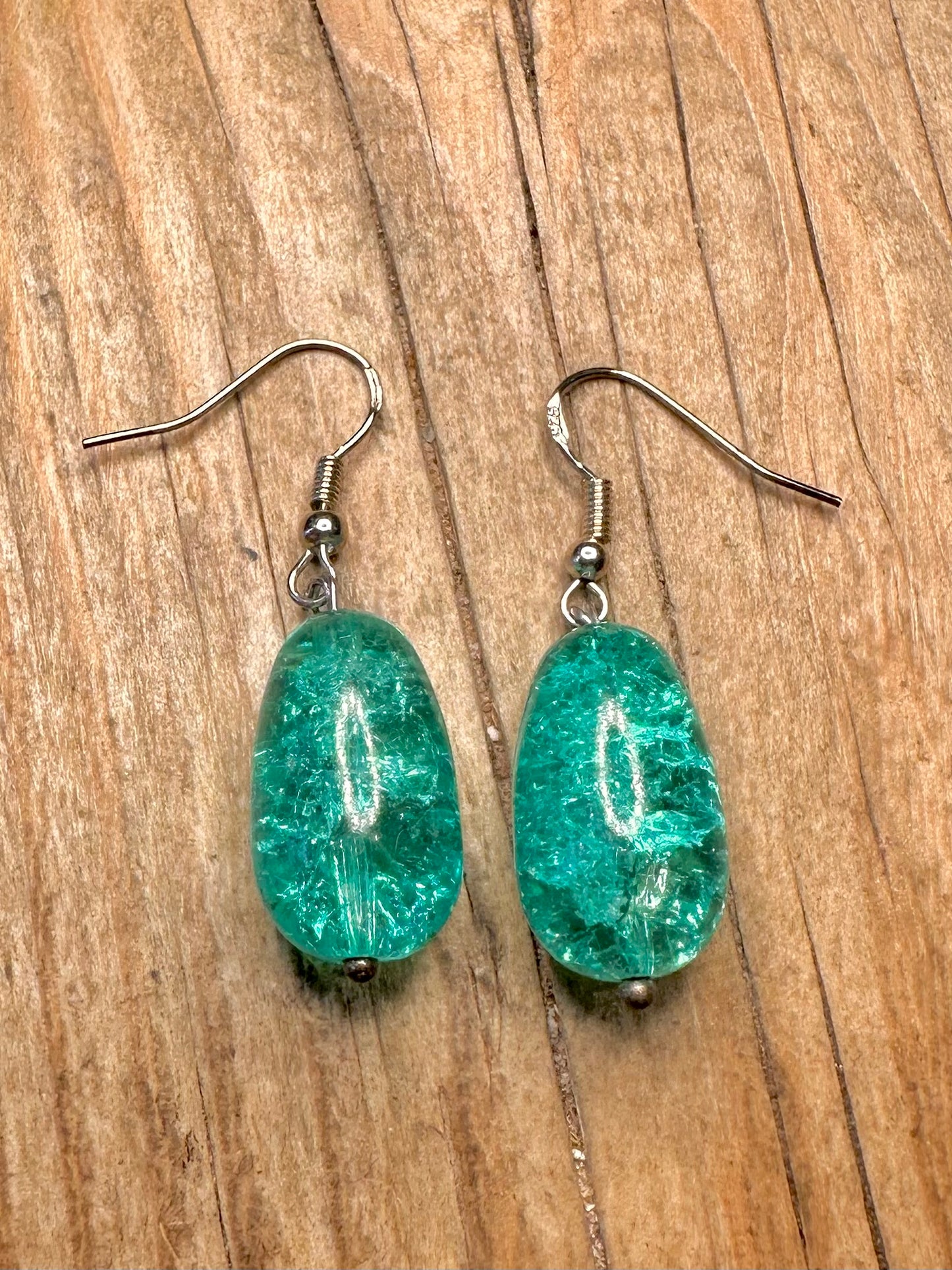 Abstract Teal Crackled Glass Dangle 925 Sterling Silver Earrings