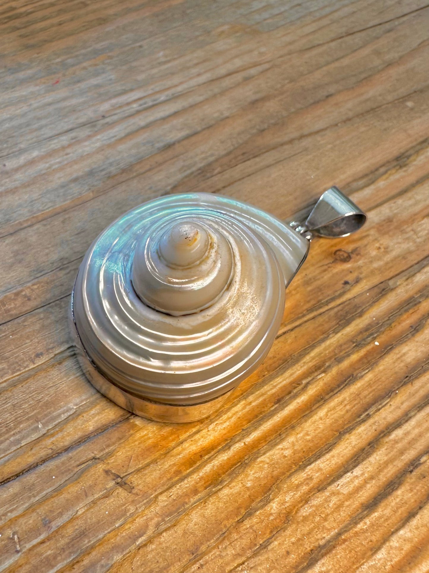 Large Natural Mother of Pearl Spiral Shell 925 Sterling Silver Pendant