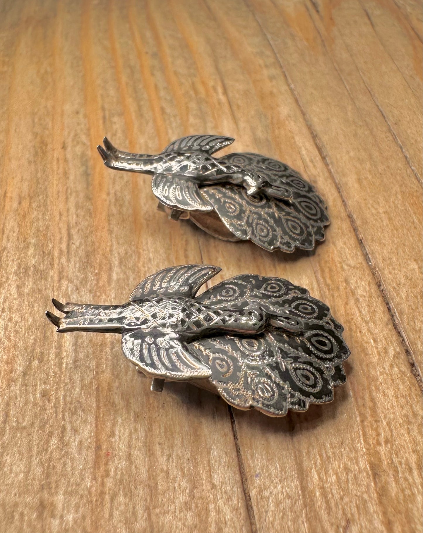 Vintage Siam Black Enamel Peacock Clip On 925 Sterling Silver Earrings