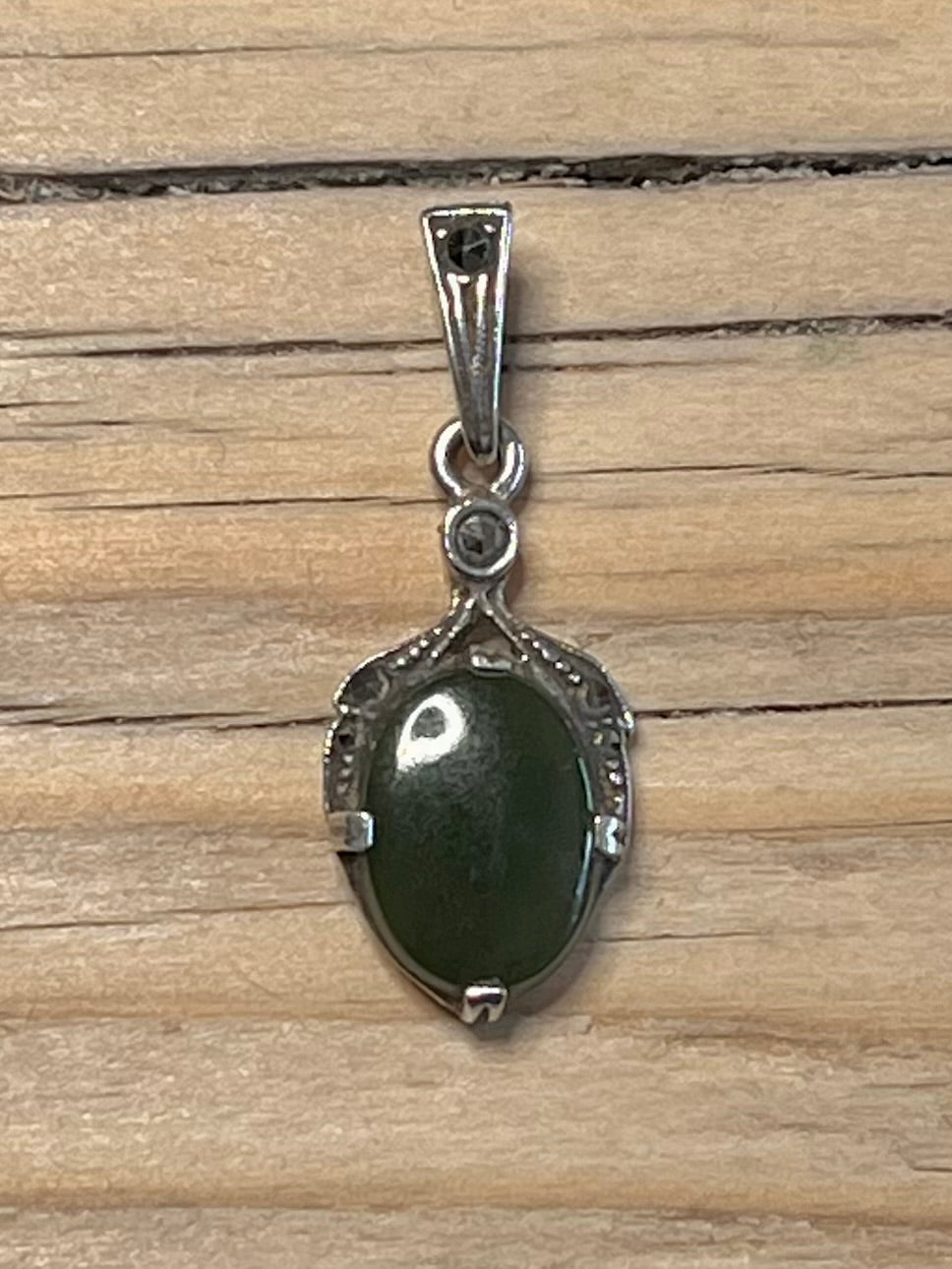 Dark Green Oval Jade and Marcasite 925 Sterling Silver Pendant