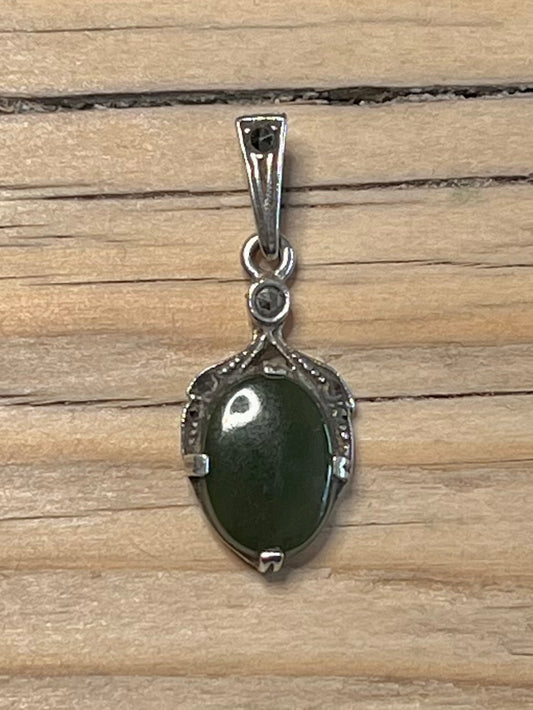 Dark Green Oval Jade and Marcasite 925 Sterling Silver Pendant