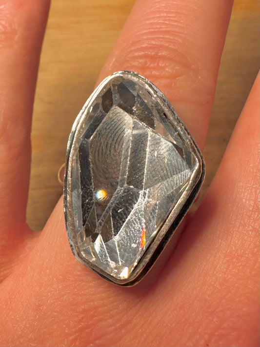 Abstract Large White Stone 925 Silver Size M1/2 Ring