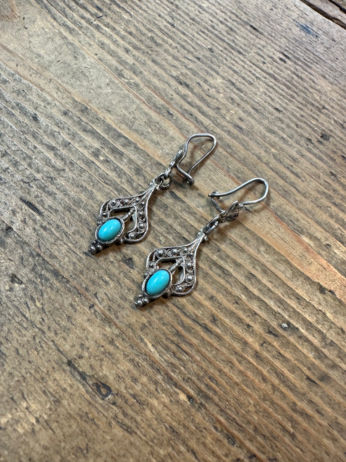 Vintage Blue Filigree Dangle 925 Silver Earrings