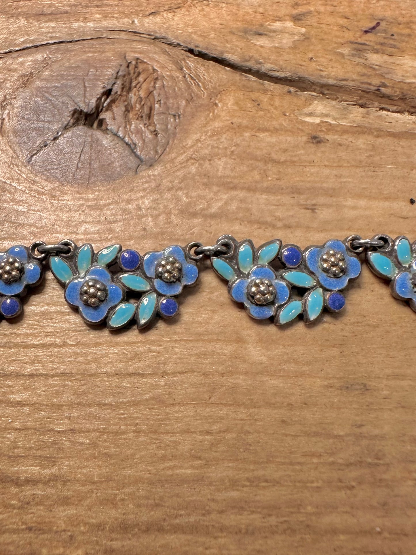 Vintage Stunning Blue Enamel Flower 925 Silver 16 inch Necklace