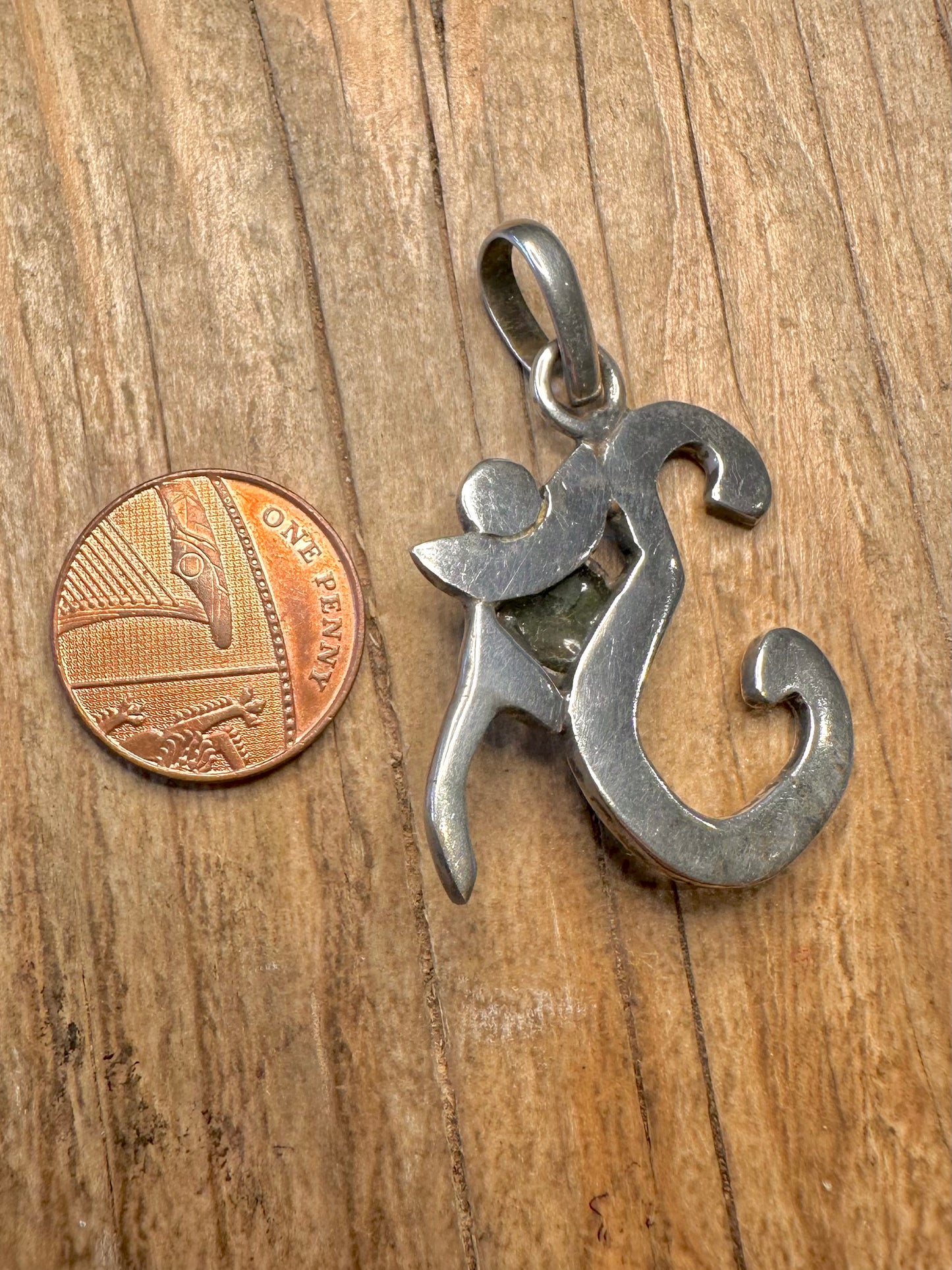 Vintage Om with Green Stone 925 Sterling Silver Pendant