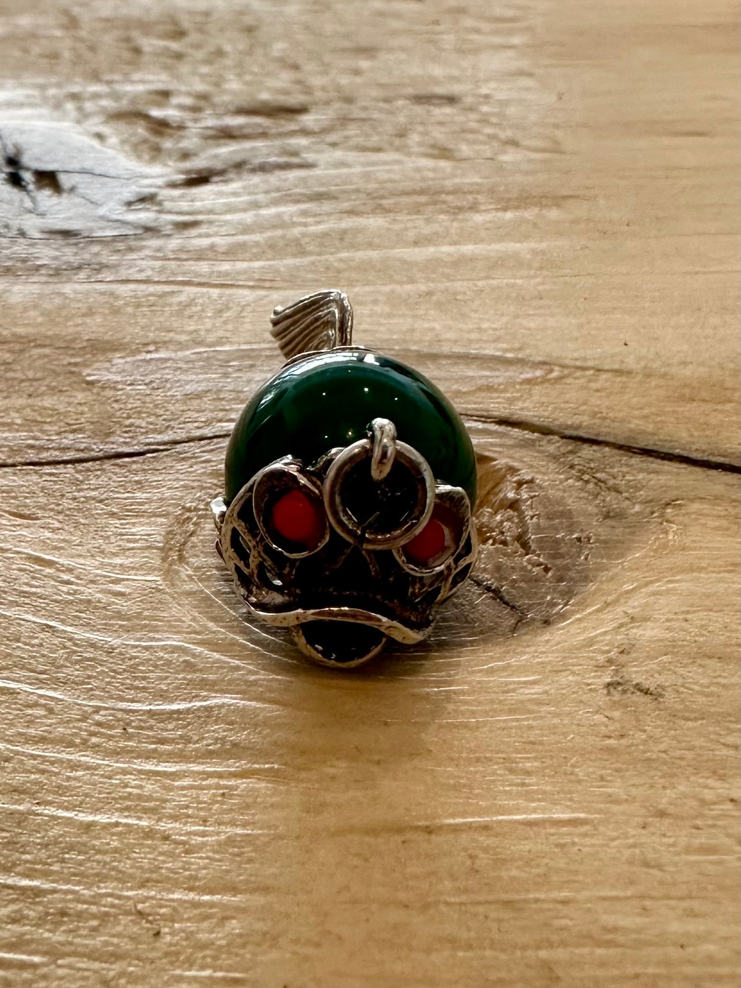 Vintage Puffer Fish Green and Red Eyes Silver Charm Pendant