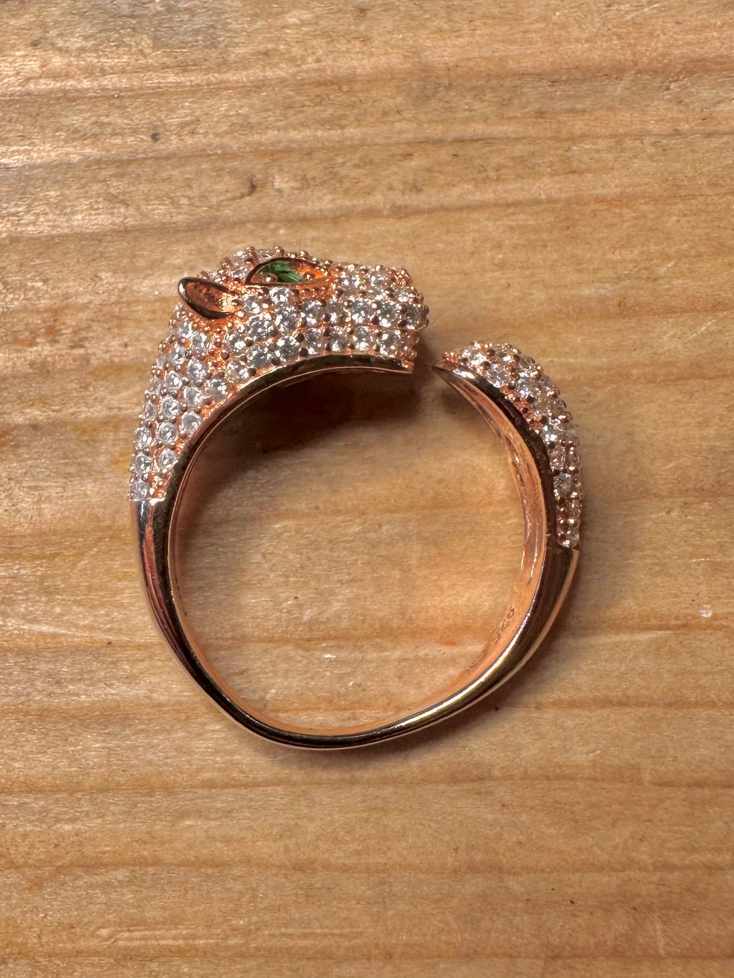 Modern Panther White and Green Stone Rose Gold Toned 925 Sterling Silver Size Q Ring