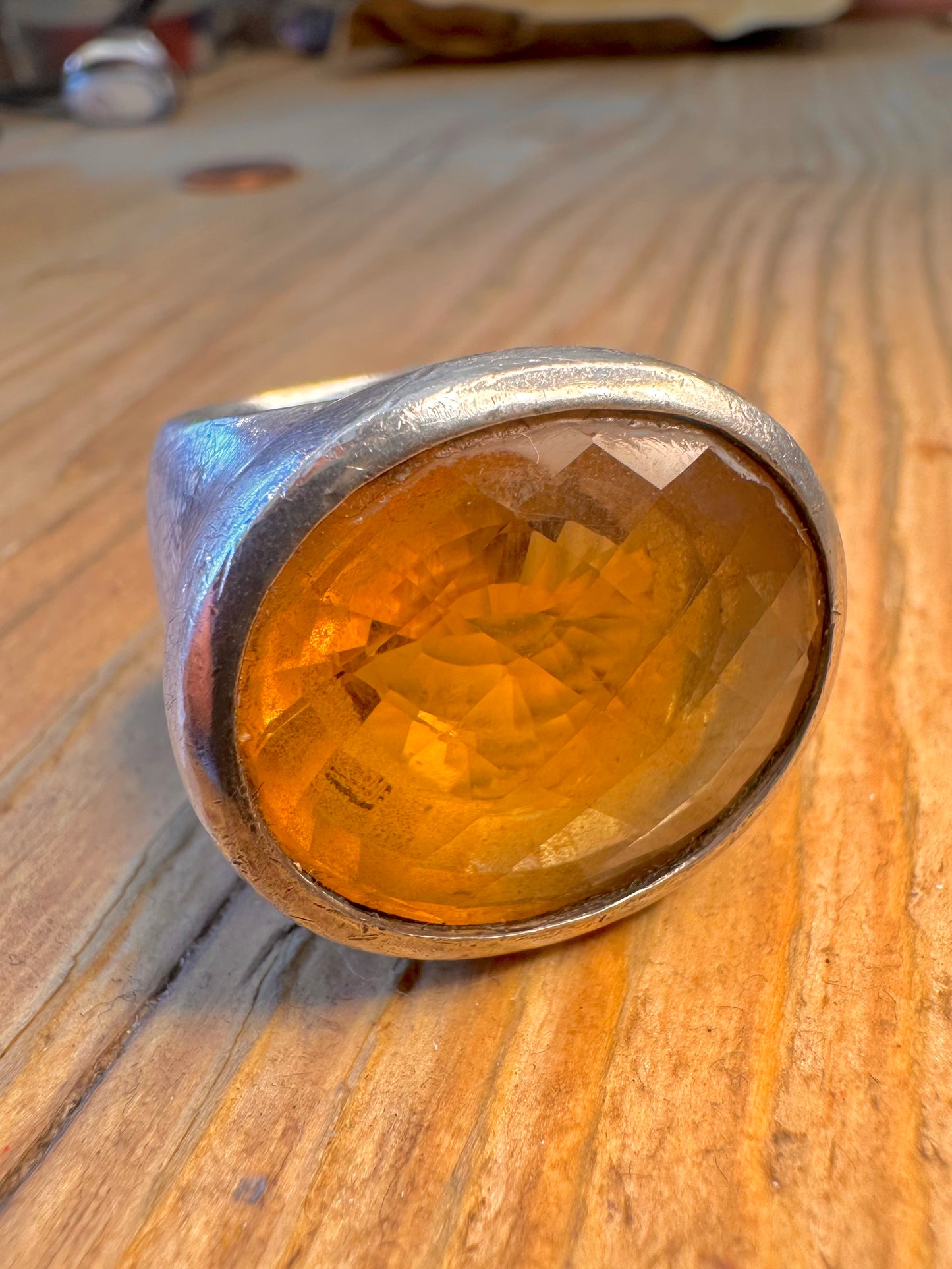 Large Faceted Citrine Heavy Solid 925 Sterling Silver Size L Ring