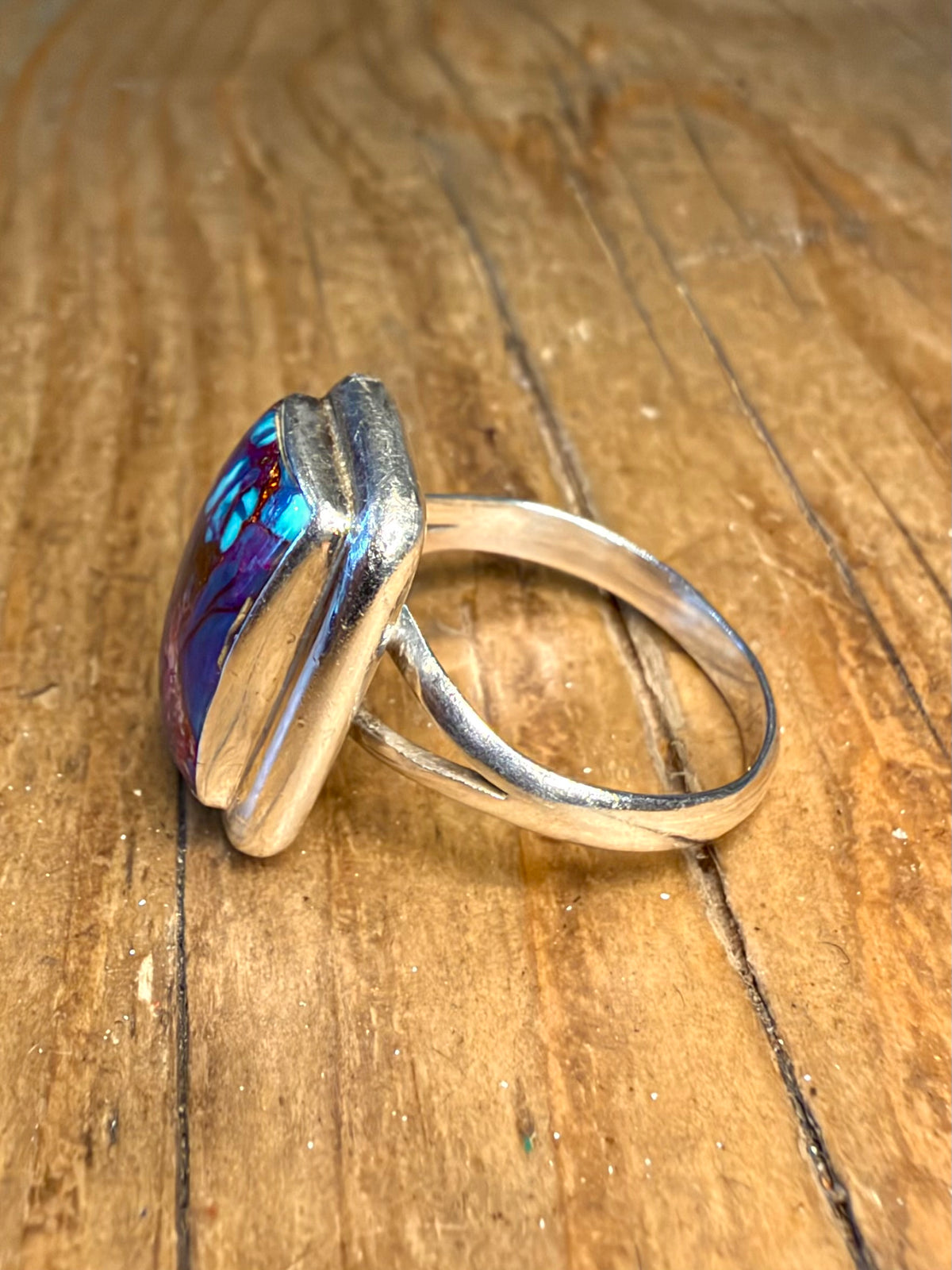 Purple Copper Turquoise Rectangle 925 Sterling Silver Size Q Ring