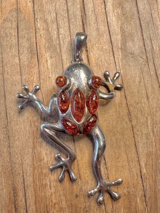 Modernist Amber Frog 925 Sterling Silver Pendant