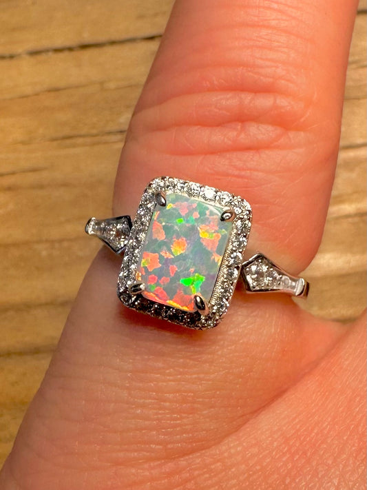 Modern Opal and CZ 925 Sterling Silver Size J1/2 Ring