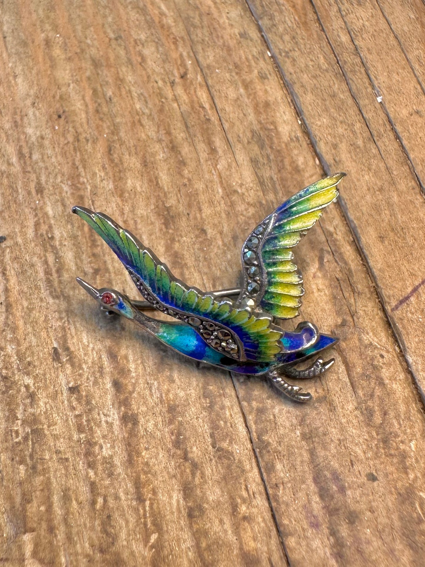 Enamel and Marcasite Flying Bird 925 Silver Brooch