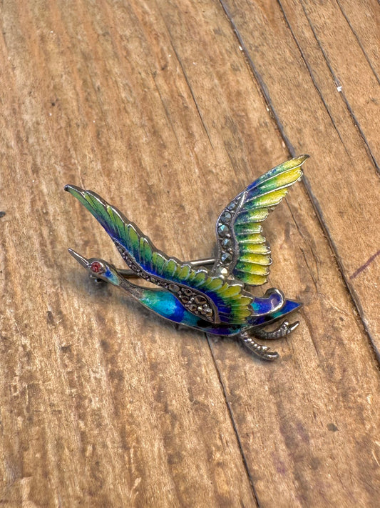 Enamel and Marcasite Flying Bird 925 Silver Brooch