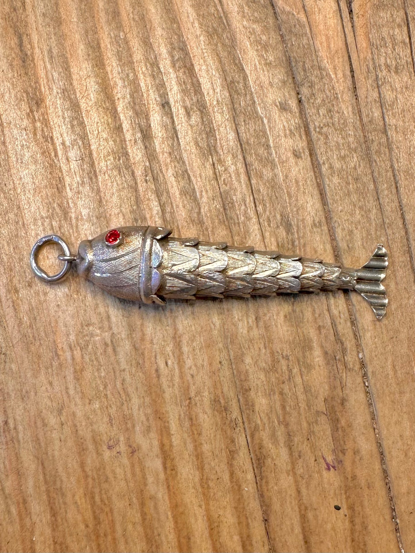Vintage Articulated Red Stone Fish 925 Sterling Silver Pendant