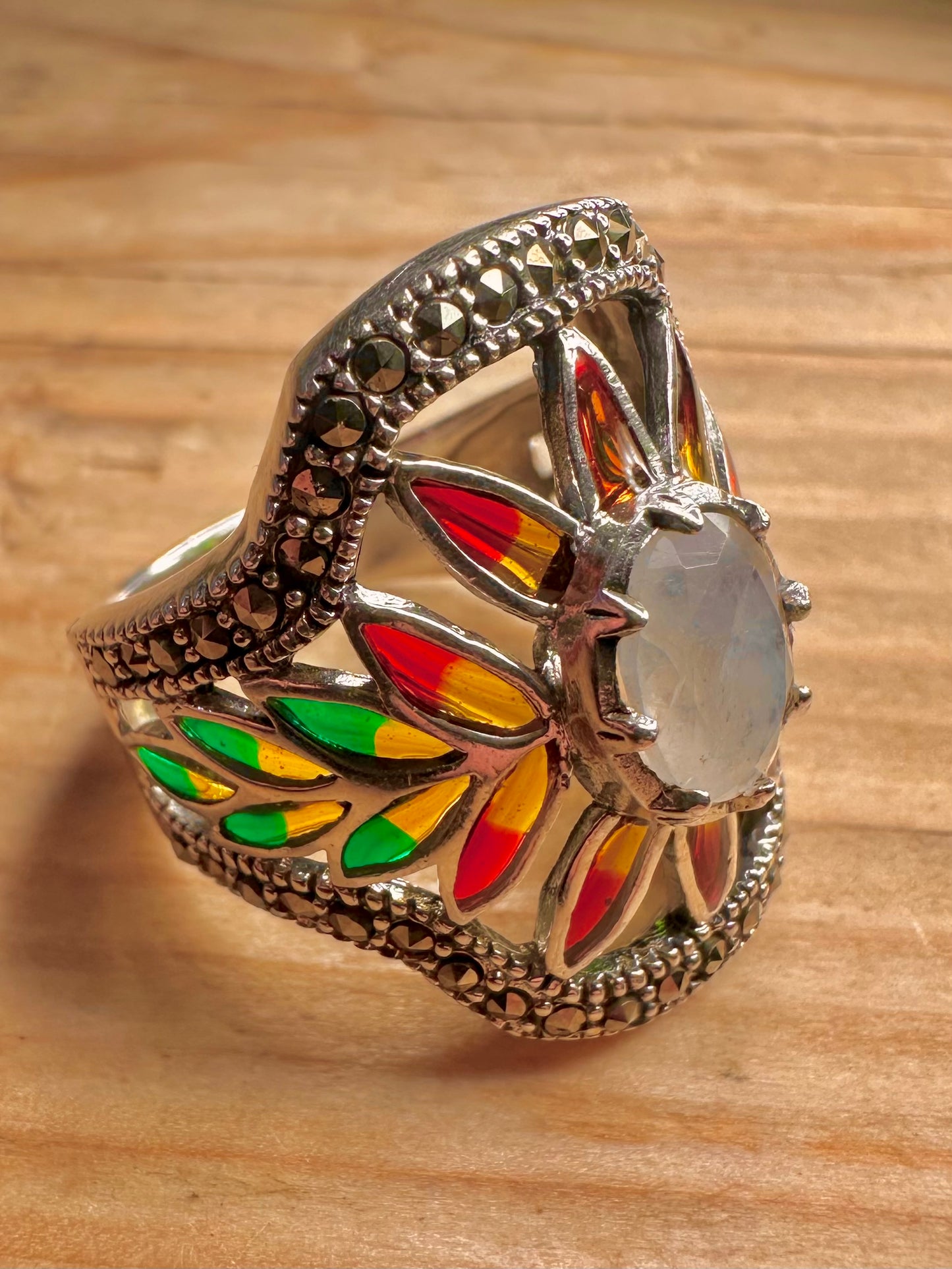 Vintage Moonstone Multi Coloured Stones and Marcasite Floral 925 Sterling Silver Size R Ring