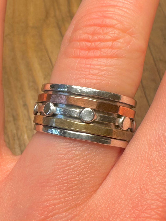 Vintage Copper and Brass Chunky Spinner 925 Sterling Silver Size R1/2 Ring