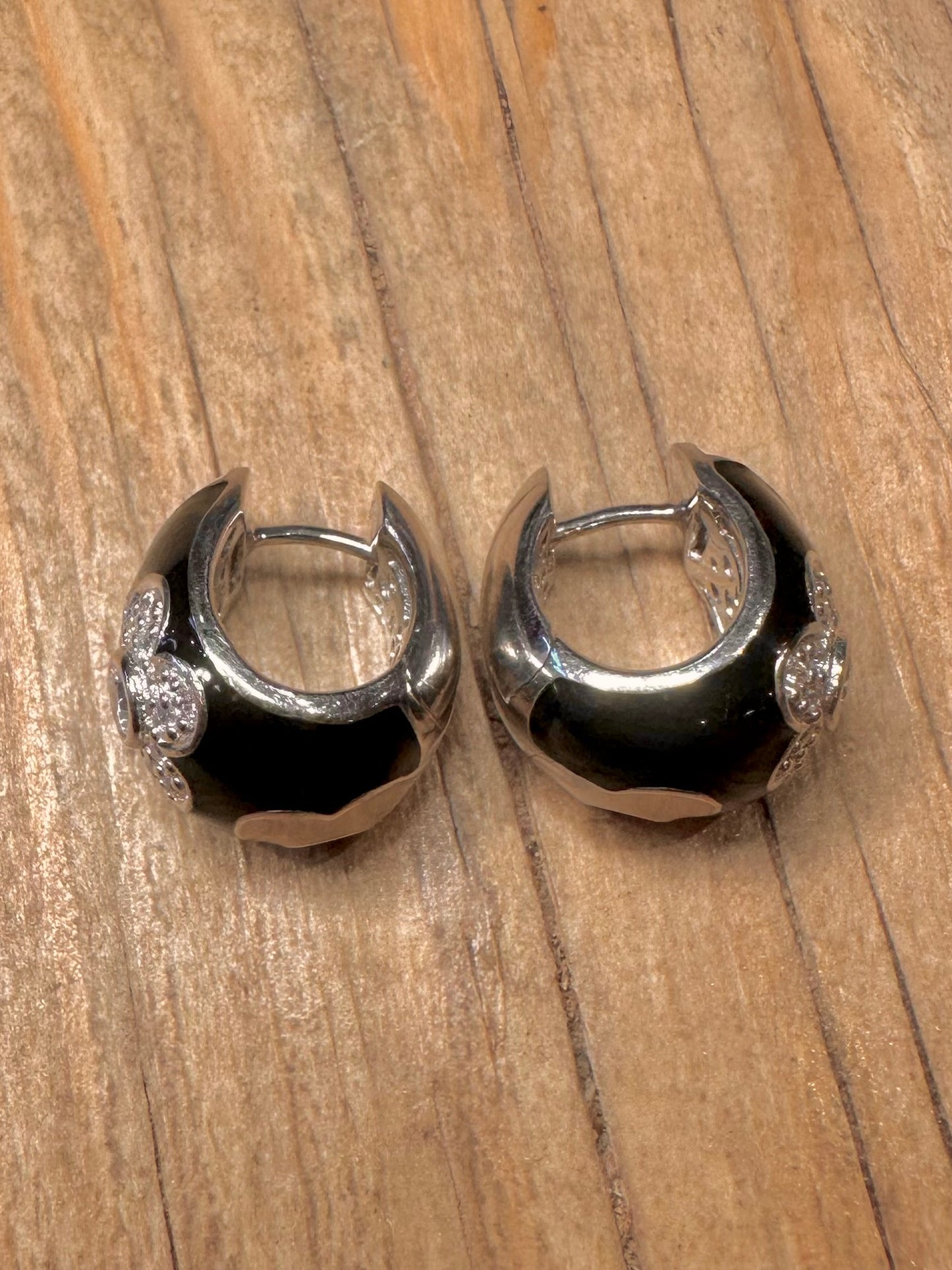 Bella Étoile Italian Black Enamel Hoops CZ Stone 925 Sterling Silver Earrings