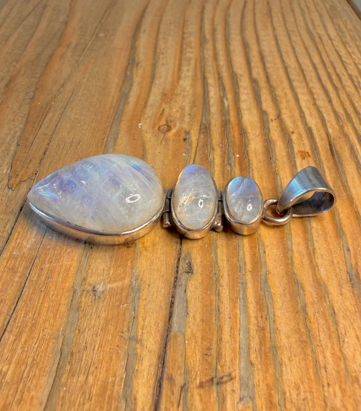 Three Rainbow Moonstone 925 Sterling Silver Pendant